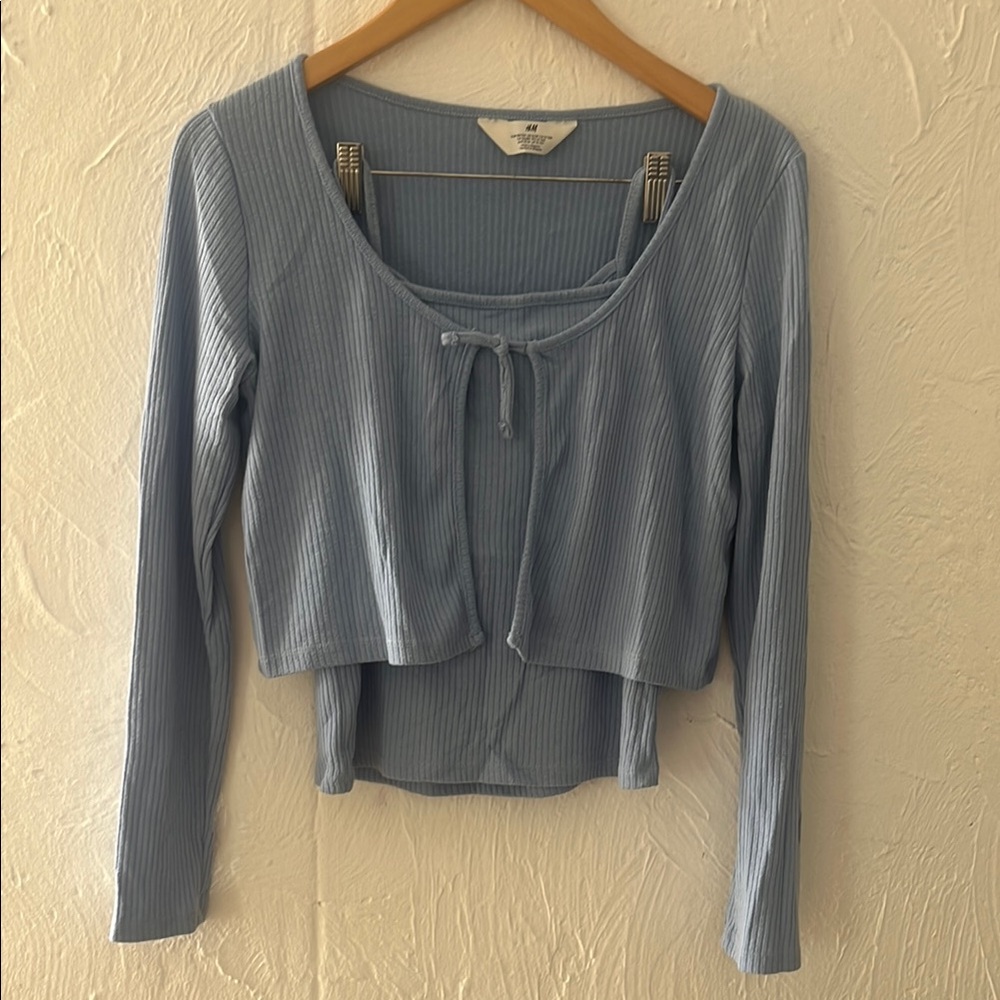 H&M Blue Long Sleeve Crop Blouse with Tie Front - Picture 1 of 6